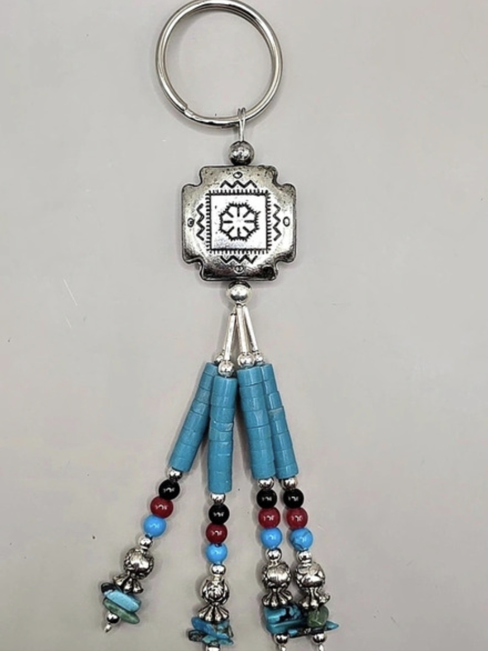Southwest Style Turquoise Beaded Tassel Keychain Square Geometric Medallion 5